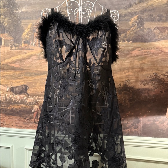 Vintage Cinema Etoile Black Sheer Floral Lace Chemise with Feather Trim